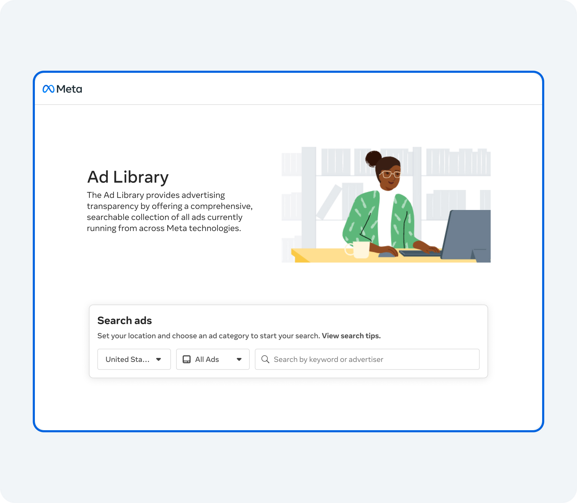 An image showing the Ad Library to find all of the ads running across Meta's technologies.